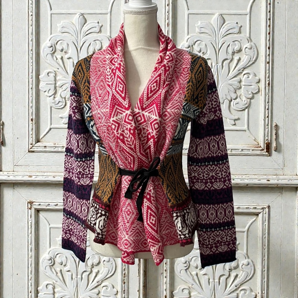 Sundance‎ Gretchen Fair Isle Shawl Collar Nordic Knit Tie Cardigan Sweater XS